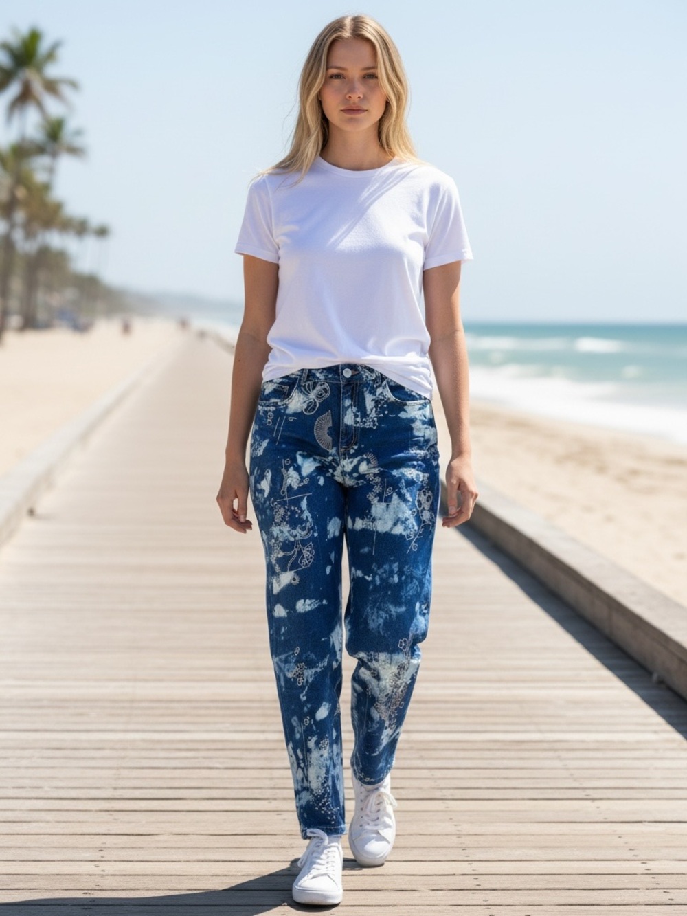 New blue b Dark Wash Acid Washed Embroidered Floral Flower Geo Print Denim Jeans